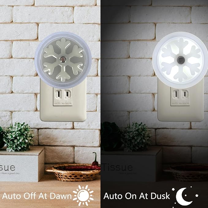 Smart LED Night Light [2-Pack], Plug-in with Auto Dusk to Dawn Sensor | Dimmable, Energy Efficient, Compact Wall Lights for Bedroom, Bathroom, Hallway, Kitchen (Snowflake White Light, 2)