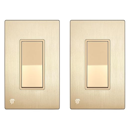 ENERLITES Elite Series Decorator Light Switch with Brushed Screwless Wall Plate, Single Pole, 3 Wire, Grounding Screw, Residential Grade, 15A 120V, UL Listed, 91150-GDWBP2P, Brushed Gold (2 Pack)