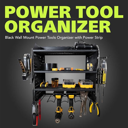 Pearington Modular Pegboard Rack, Power Tool Organizer with Battery Charging Station, Power Strip, 4-Layer Wall Mount Drill Holder