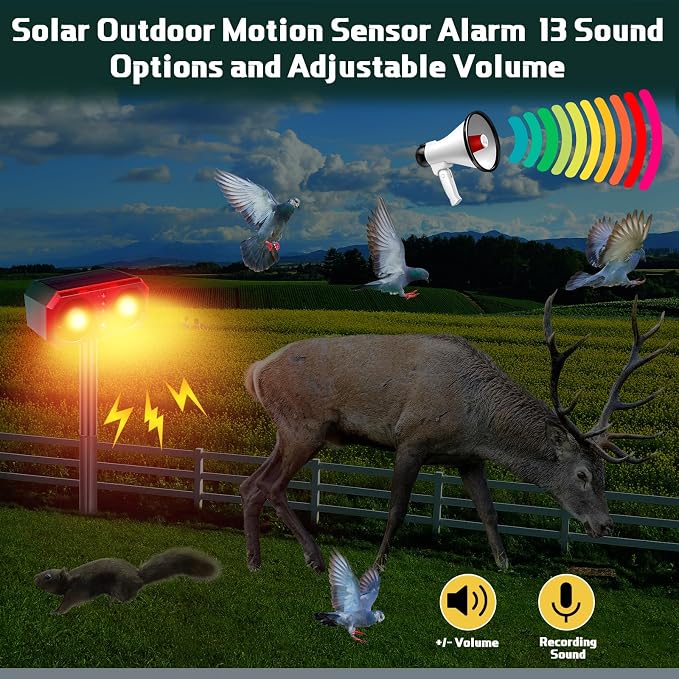 Qualirey 4 Pcs Solar Outdoor Motion Sensor Alarm with Stake Animal Deterrent Dog Barking Sensor 13 Sound 130dB Loud Noise Maker 4 Mode with USB Remote Control Support Recording Volume Adjustment
