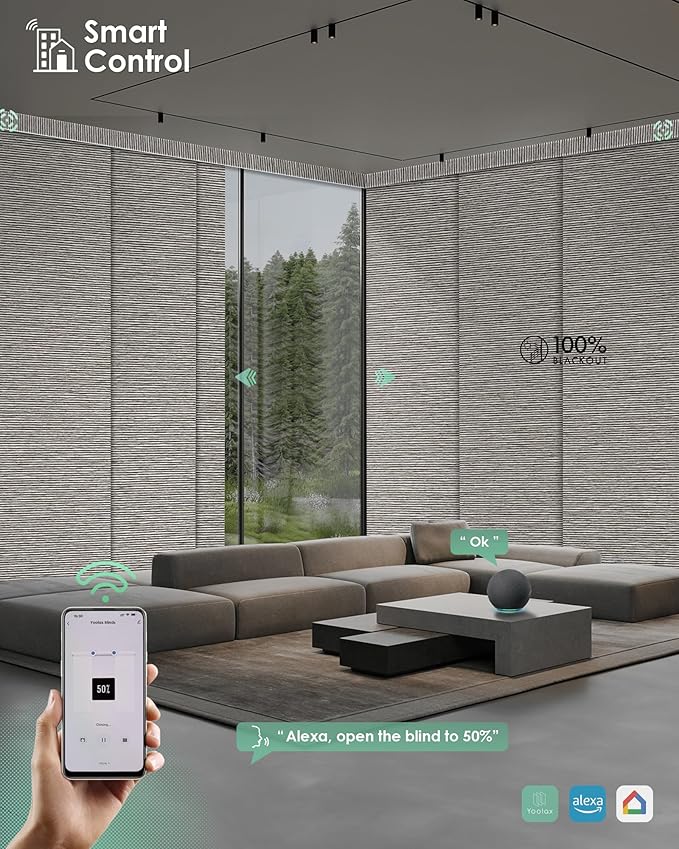 Yoolax Custom XL Smart Sliding Door Blinds, Motorized Sliding Panel Blinds Compatible with Alexa, Blackout Vertical Blinds for Glass Doors, Patio Doors, Closet Doors, Wood Stripe Brown