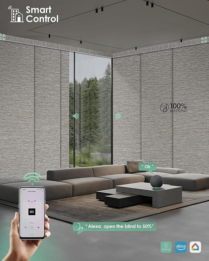 Yoolax Custom XL Smart Sliding Door Blinds, Motorized Sliding Panel Blinds Compatible with Alexa, Blackout Vertical Blinds for Glass Doors, Patio Doors, Closet Doors, Wood Stripe Brown