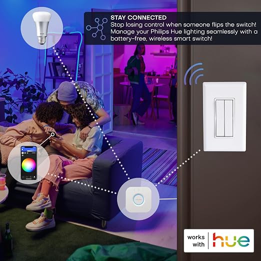 RunLessWire Click for Hue Battery-Free Wireless Smart Switch Light Almond | Dimmable Kinetic Switch Pairs Natively to Philips Hue Bridge, 4 Programmable Buttons to Control Scenes & Areas, 100ft Range