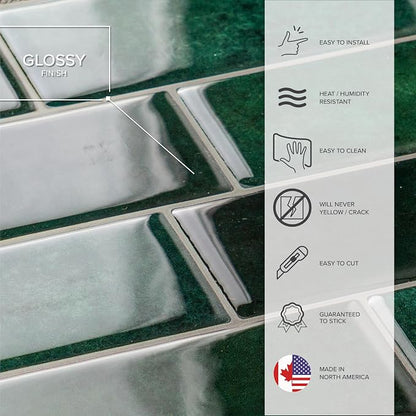 Smart Tiles Peel and Stick backsplash, Subway Emerald Green, 11.55"x8.38" | Pack of 5 (2.8 sq ft), Glossy, Heat/Moisture Resistant, Low VOC, Kitchen/Bathroom, Renter Friendly, Made in Canada