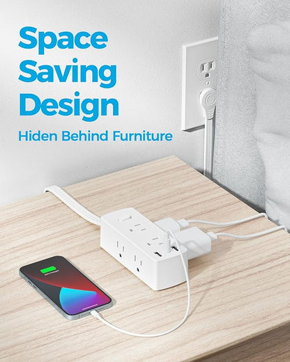 Flat Extension Cord 15ft, Olcorife Flat Plug Power Strip with 6 Outlets 3 USB Ports(1 USB C), 3-Side Outlet Extender Surge Protector for Home Office Dorm Room Essentials, White