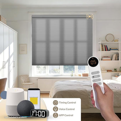 Boolegon No Drill Motorized Cellular Blinds With Remote Motorized Blackout Honeycomb Blinds For Indoor Windows Easy to Install Automatic Cellular Shades For Home,Light Filtering Light Gray,Custom Size