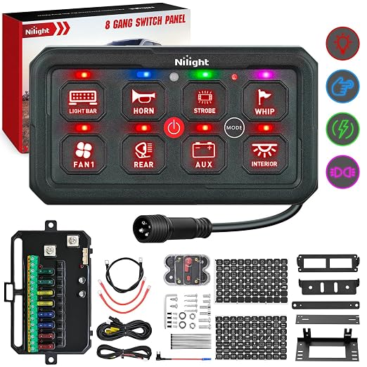 Nilight 8 Gang Switch Panel Red 12V 24V Circuit Control Relay System 4-Mode | Fuse Wiring Harness Automatic Dimmable LED Pod Toggle/Momentary/Strobe/Flash Modes for Car Pickup Truck Camper SUV