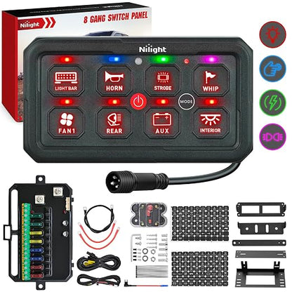 Nilight 8 Gang Switch Panel Red 12V 24V Circuit Control Relay System 4-Mode | Fuse Wiring Harness Automatic Dimmable LED Pod Toggle/Momentary/Strobe/Flash Modes for Car Pickup Truck Camper SUV