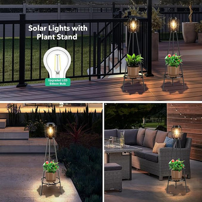 MXwcy Solar Lights Outdoor with LED Edison Bulbs, Solar Floor Lamp with Plant Stands for Garden Yard Pathway Driveway Front/Back Porch Decoration