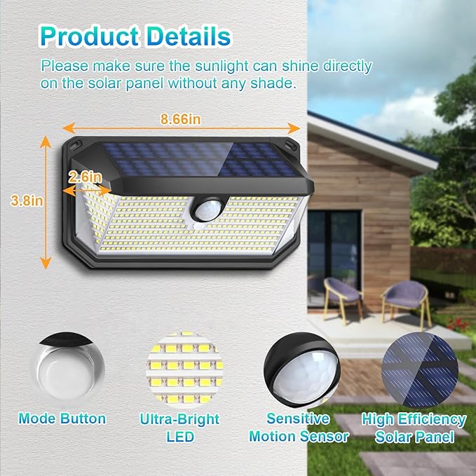 Brightever Solar Outdoor Lights, 4000LM 388 LEDs Motion Sensor Solar Powered Outdoor Light, IP65 Waterproof Exterior Flood Security Lights with 270° Wide Angle & 3 Modes for Patio Garage, 2-Pack