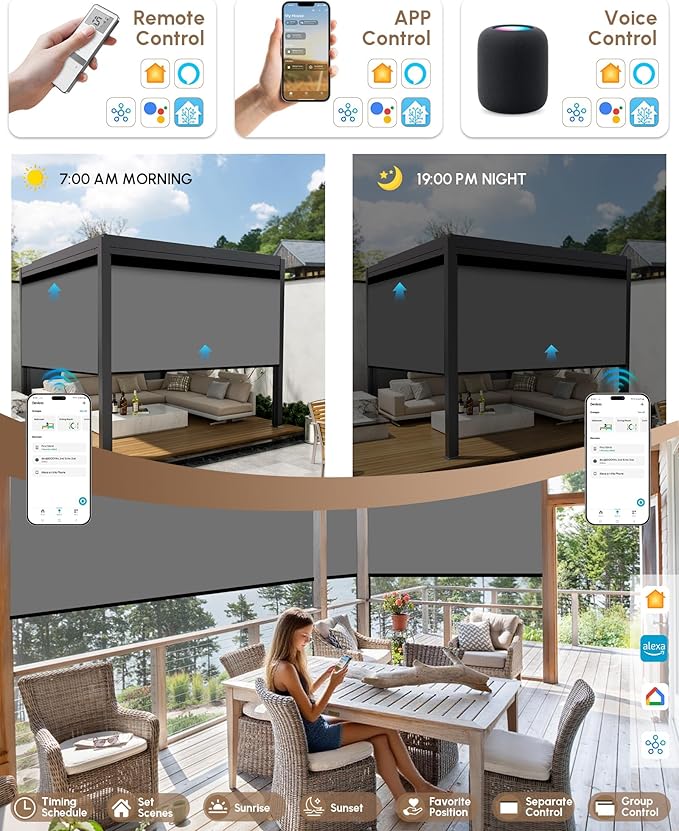 Kincmo Motorized Outdoor Shades for Patio Porch, Custom Outdoor Motorized Blinds with Remote, Waterproof & Windproof Patio Shades Work with Apple Home,Alexa,Google (0% Openness Medium Grey)