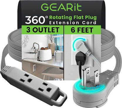 GEARit 6 ft 360° Rotating Flat Plug Extension Cord, 3 Outlet Low Profile Power Cord, 16 AWG 13A 3 Prong Grounded Indoor Cord, ETL Listed, Space-Saving for Furniture, Grey