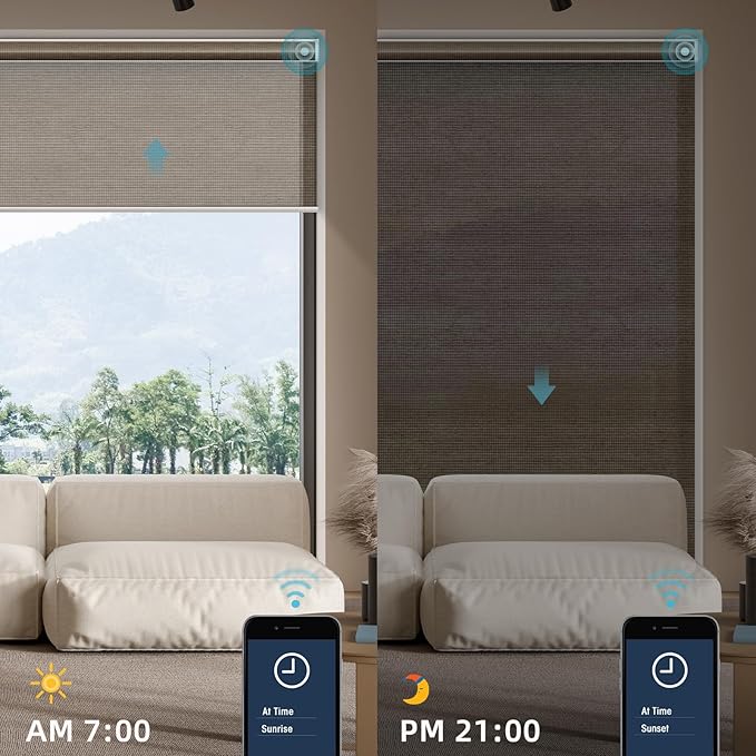 SmartWings Motorized Smart Blinds for Windows in Light Filtering, Electric Remote Roller Shades Compatible with Alexa/Google Home/Homekit, Custom Up to 110”W x 148”H, 5% Openness PVC Free Cocoa