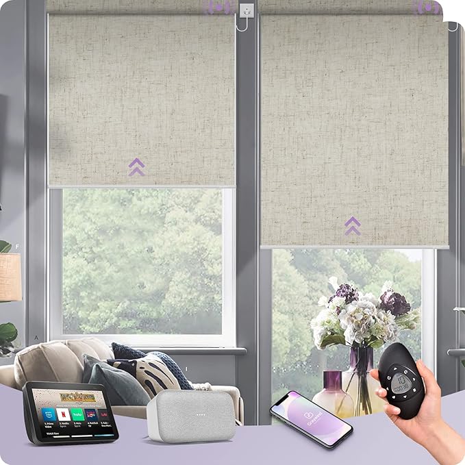 Graywind Motorized Shades 100% Blackout Work with Alexa Google WiFi Hardwired Smart Roller Shade Remote Control Automated Window Blinds with Valance, Customized Size (B-Linen Beige)