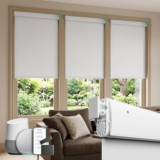 Motorized Blinds with Remote, Blackout No Drill Cordless Smart Roller Shades, Automatic Blinds for Windows, White,27" W x 72" H