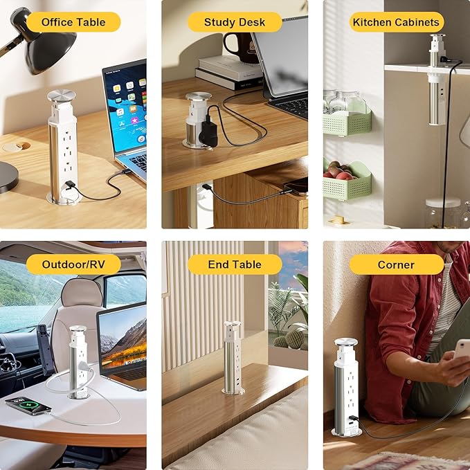 Pop Up Outlet for Countertop, Receptacle Power Strip with 3 AC Outlet 2 USB Ports, Pull Pop Up Power Socket Outlet, 2.5" Hole Recessed Outlet for Kitchen Counter Conference Desk Office, White