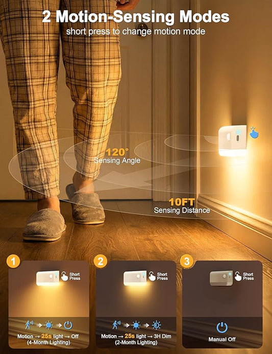 NIORSUN Motion Sensor Stair Lights Indoor, 3 Pack Rechargeable Wireless Step Lights with 3 Color Temperatures, 1200mAh Battery, Magnetic Base for Hallway, Closet, Bathroom, White