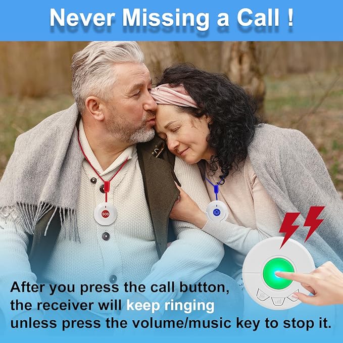 Caregiver Pager Alert Button for Seniors at Home Medical Alert That Calls Famiy for Home / Elderly / Patient / Disabled 4 Plugin Receiver + 4 Toilet Emergency Button for Elderly