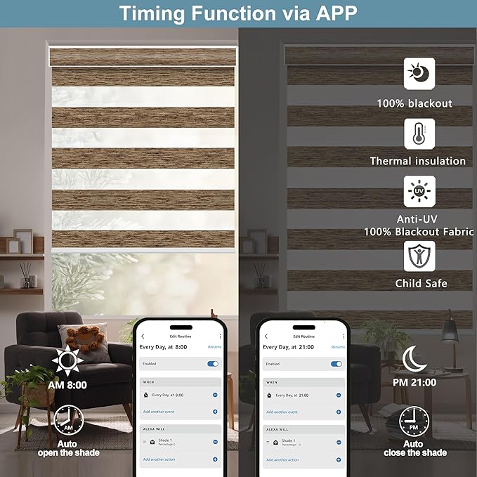 Bringnox Smart Motorized Zebra Roller Blinds - 85% Blackout, Remote Control, Works with HomeKit, Google Home & Alexa via Hub, Custom Size