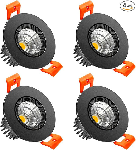 LightingWill 2inch LED Dimmable Downlight, 3W COB Recessed Ceiling Light, Daylight White 5500K-6000K, CRI80, 25W Halogen Bulbs Equivalent, Black (4Pack)