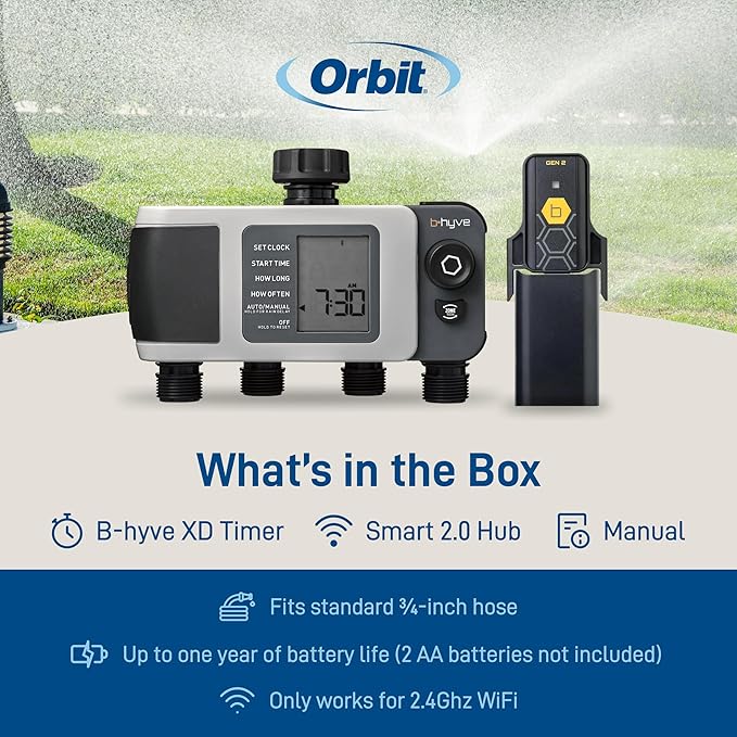 Orbit B-hyve XD 4-Port Smart Hose Watering Timer with Wi-Fi Hub - App Controlled Irrigation Timer - Smart WeatherSense Auto Watering - Multi Valve Yard Irrigation System - 24639