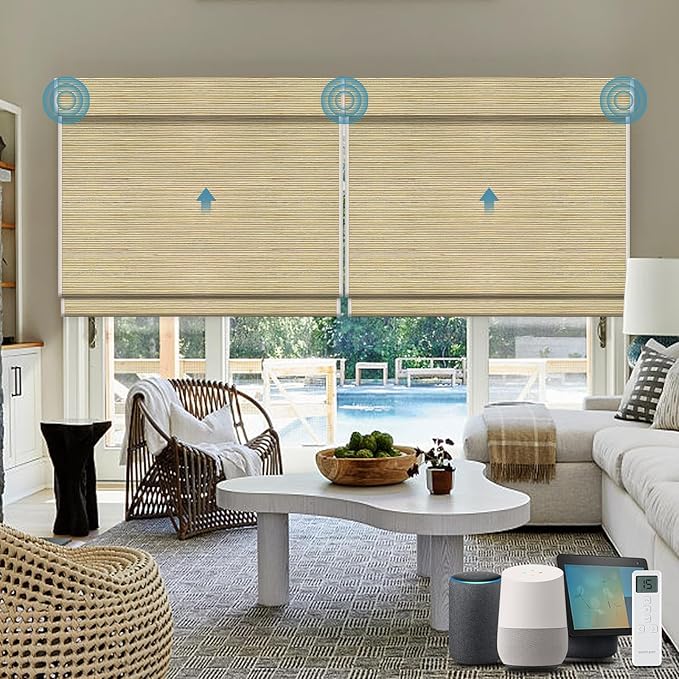 Motorized Roman Woven Woods Shades 100% Blackout Work with HomeKit, Alexa,Google, Remote Control Natural Bamboo Blinds Electric Roman Blinds Custom Size,Crocheting Yellow