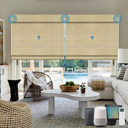 Motorized Roman Woven Woods Shades 100% Blackout Work with HomeKit, Alexa,Google, Remote Control Natural Bamboo Blinds Electric Roman Blinds Custom Size,Crocheting Yellow