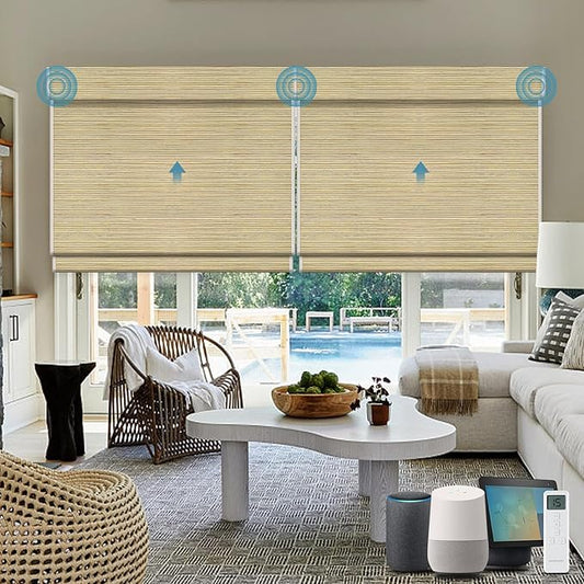Motorized Roman Woven Woods Shades 100% Blackout Work with HomeKit, Alexa,Google, Remote Control Natural Bamboo Blinds Electric Roman Blinds Custom Size,Crocheting Yellow
