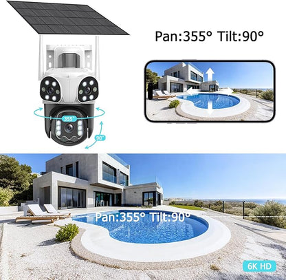 4K Solar Security Camera Wireless Outdoor with Dual-Lens,2.4G WiFi Cameras for Home Security with WiFi 6,8MP Color Night ViSion,PIR Motion Detection,Auto Tracking,2-Way Audio,Spotlight Siren,Alexa
