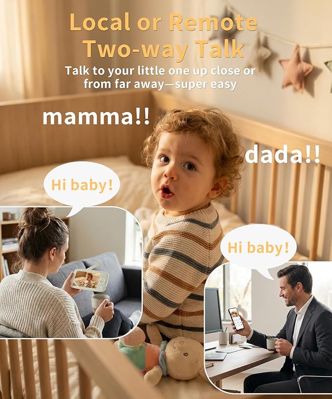 ALIOBC Smart Baby Monitor with Camera and Audio WiFi & No-WiFi Modes AI Cry Detection Night Vision 1080p FHD Camera and 5" Large Screen Two-Way Talk 1000ft Range Smart Alert Easy Setup for New Parents