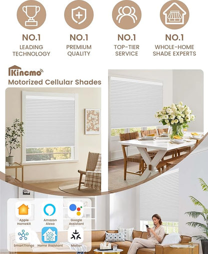 Kincmo Motorized Cellular Shades, Custom Motorized Blinds with Remote, Cordless Smart Electric Honeycomb Blinds Work with Apple HomeKit, Alexa, Google (100%-Blackout-Single-Cell White)