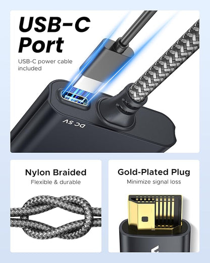 WARRKY HDMI Splitter 4K, 1x2 HDMI Display Duplicate/Mirror, HDMI Splitter 1 in 2 Out [Metal Shell, 3.3 Ft Braided HDMI Cable, LED Indicators], USB-C Powered Splitter, Black-4K@60Hz HDR