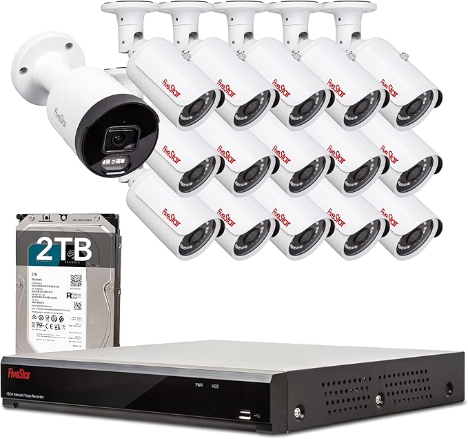 Five Star 4K Professional Security Metal Camera System, 1pc H.265+ 5MP Smart Detection AI Camera & 15pcs 5MP PoE Security Cameras Wired with 4K 16CH NVR with 2TB HDD for 24-7 Recording