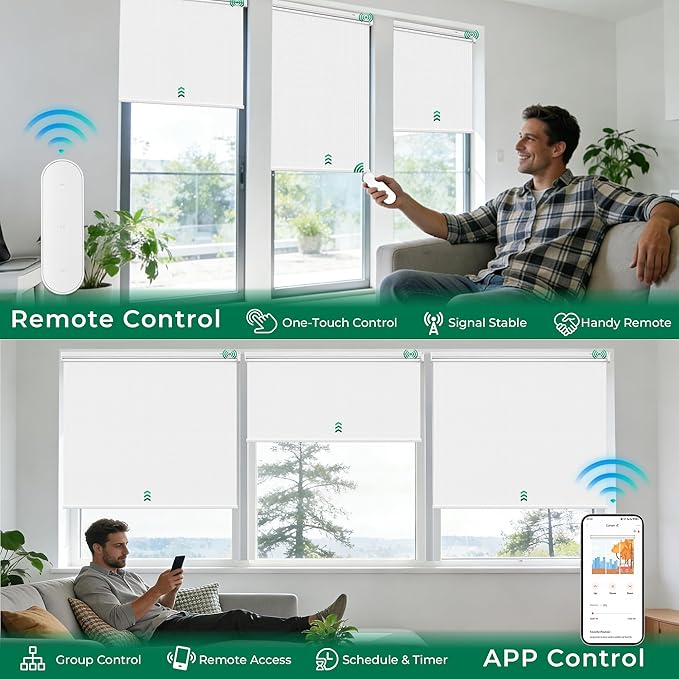 Allesin Smart Zigbee Roller Shades with Alexa Control, Blackout Motorized Blinds, No Hub Needed, Custom Sizes, Remote Included, (White, 23" W x 72" H)