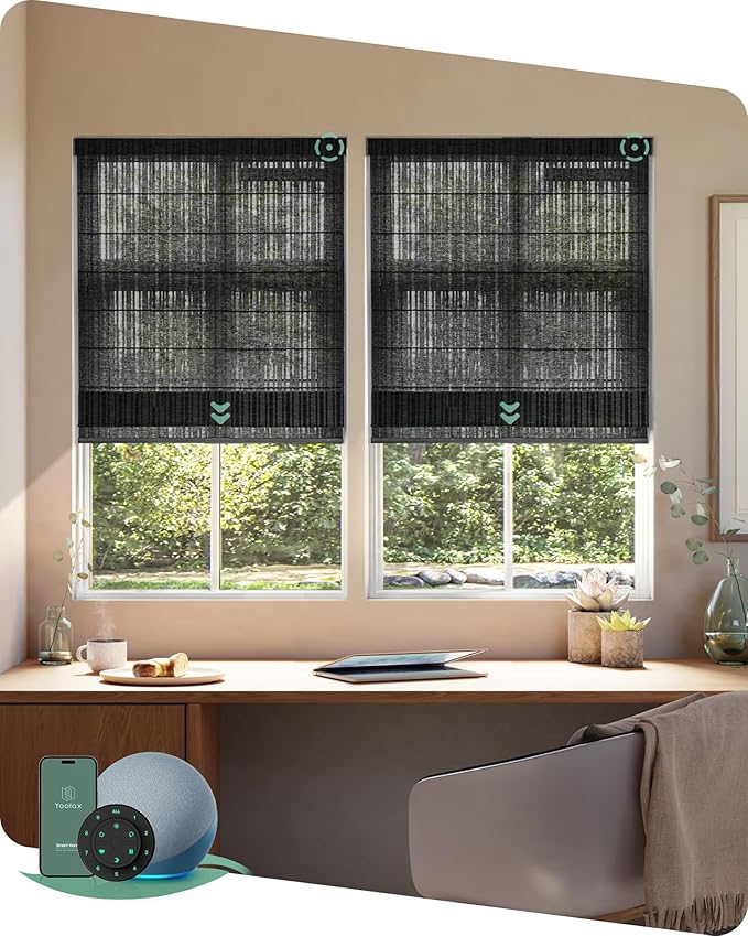 Yoolax Motorized Roman Shades with Remote, Smart Roman Shades for Windows, Semi Sheer Automatic Blinds Work with Alexa, Google Home, Apple Homekit for Living Room, Dining Room, Customized (Black)