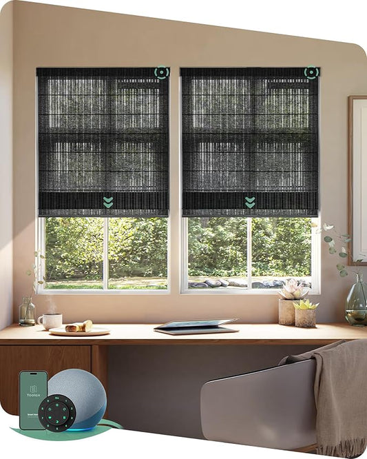 Yoolax Motorized Roman Shades with Remote, Smart Roman Shades for Windows, Semi Sheer Automatic Blinds Work with Alexa, Google Home, Apple Homekit for Living Room, Dining Room, Customized (Black)