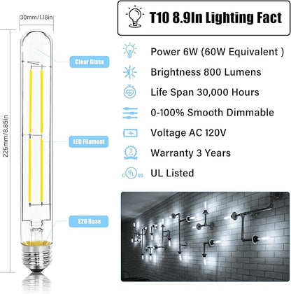 8.9IN LED Light Bulbs E26 Base, 6W 800LM 5000K Daylight White T10 T9 Vintage Edison Bulbs Dimmable, AC 120V Equal 80 Watt Clear Glass Long Tubular Filament Bulb, UL Certified - 2Pack