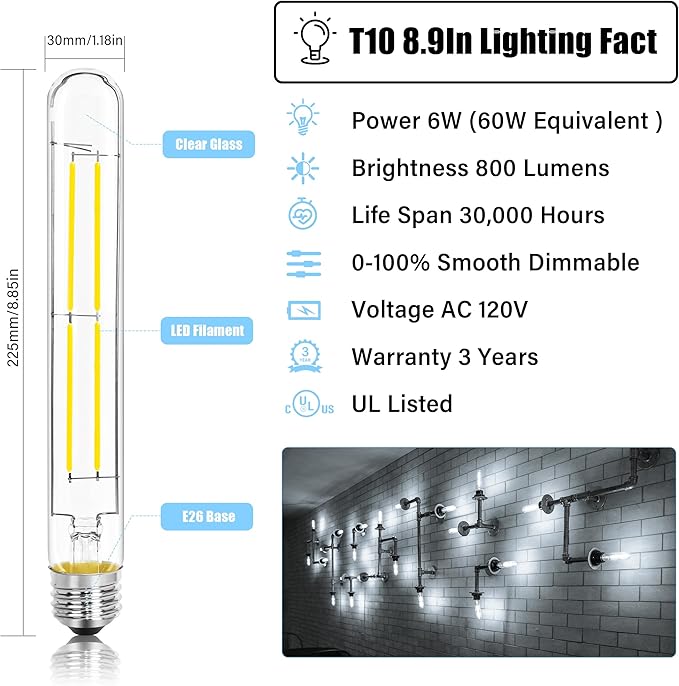 8.9IN LED Light Bulbs E26 Base, 6W 800LM 5000K Daylight White T10 T9 Vintage Edison Bulbs Dimmable, AC 120V Equal 80 Watt Clear Glass Long Tubular Filament Bulb, UL Certified - 4Pack