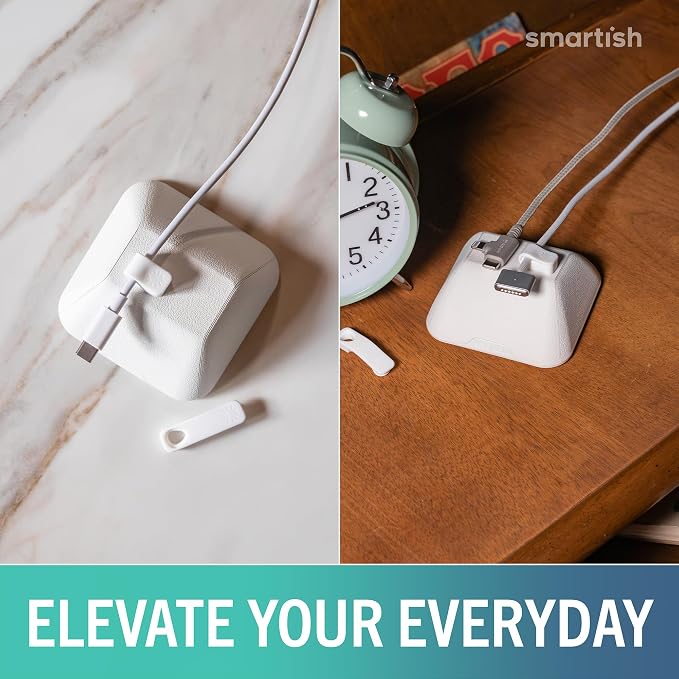 Smartish Magnetic Cord Holder, Cable Wrangler, Nightstand & Desk Organizer | Holds 5 Cords, 2 Cable Clips, Weighted Base, Charger Keeper, Phone Charging Cable Management, Home Office Accessories, White