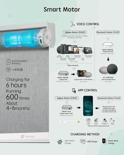 Yoolax Motorized Blinds with Remote, 100% Blackout Smart Roller Shades Work with Alexa, Google, Apple Homekit, Custom Automatic Shades with Voice Control for Bedroom Office (Light Gray)