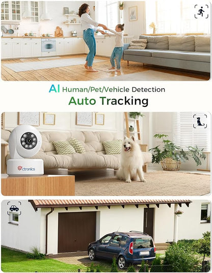 Ctronics 4K 8MP Indoor Security Camera, Auto Tracking, Dual Band WiFi, 65ft IR Night Vision, AI Person/Vehicle/Pet Detection, PC/App 24/7 Recording, 256GB TF/Cloud, FTP/NVR/NAS, Two-Way Audio, 7104K