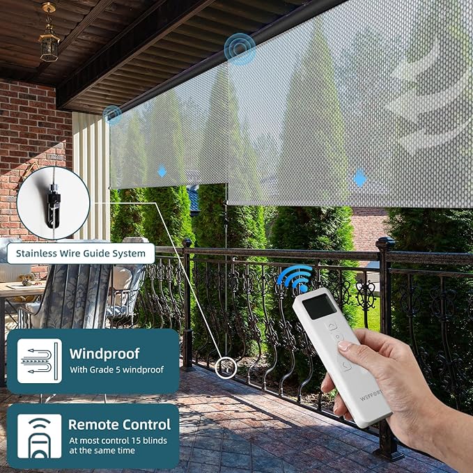 Motorized Outdoor Roller Shades,Patio Roll Up Blind Work with Alexa,Google Home,Apple Homekit,Remote Control Sun Shade,Waterproof &Windproof Smart Blinds for Porch,Sirus Light Grey,3% openess