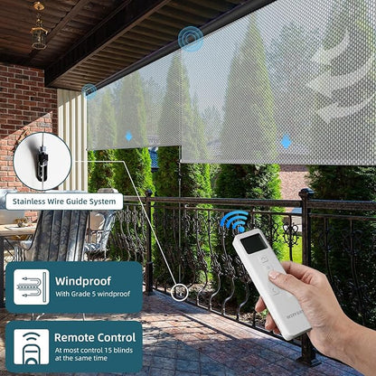 Motorized Outdoor Roller Shades,Patio Roll Up Blind Work with Alexa,Google Home,Apple Homekit,Remote Control Sun Shade,Waterproof &Windproof Smart Blinds for Porch,Sirus Light Grey,1% openess