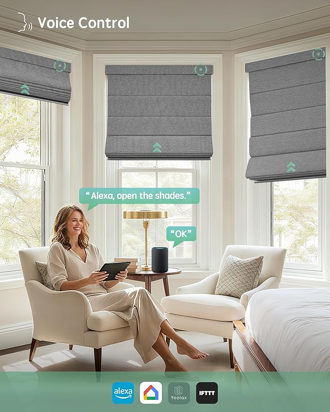 Yoolax Motorized Roman Shades with Remote, Smart Roman Shades for Indoor Windows, Blackout Automatic Blinds Work with Alexa, Google, Apple Homekit for Living Room Bedroom, Customized (Basalt Stripe)