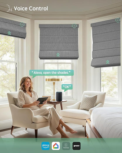 Yoolax Motorized Roman Shades with Remote, Smart Roman Shades for Indoor Windows, Blackout Automatic Blinds Work with Alexa, Google, Apple Homekit for Living Room Bedroom, Customized (Basalt Stripe)