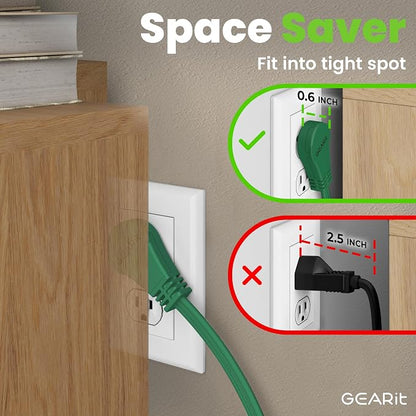 GEARit 4 ft 360° Rotating Flat Plug Extension Cord, 3 Outlet Low Profile Power Cord, 16 AWG 13A 3 Prong Grounded Indoor Cord, ETL Listed, Space-Saving for Behind Furniture, Green