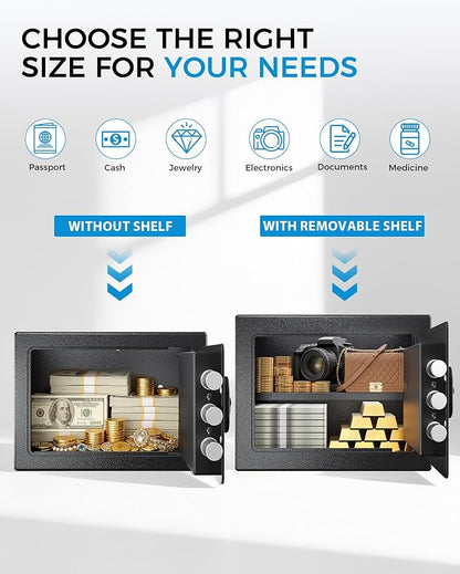 GTPLAYER Safe Box 0.8 Cubic Feet for College Dorm Room with Electronic Keypad & Fingerprint, Shelf, Wall Mount Kit, Hidden Home Safe for Money, Jewelry & Documents