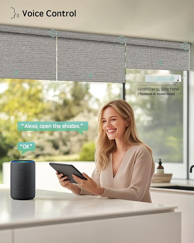 Yoolax Motorized Blinds with Remote, Designer Smart Blinds Work with Alexa, Google, Apple Homekit, 100% Blackout Motorized Shades Custom Electric Shades Voice Control (V-Wood Stripe)