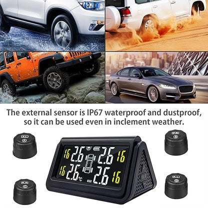 Tire Pressure Monitoring System for Cars with 4 Auto Alarm Modes, Solar Charge, Wireless Smart Real-time, 4 IP67 Waterproof Anti-Theft External TMPS Sensors (0~50psi/0~3.5bar)