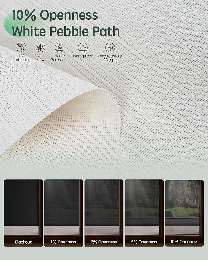 Yoolax Customized Motorized Outdoor Shades, Smart Blinds Compatible with Alexa Google, Remote Control Waterproof Blinds for Patio Porch Windows Outside (10% Openness White Pebble Path)
